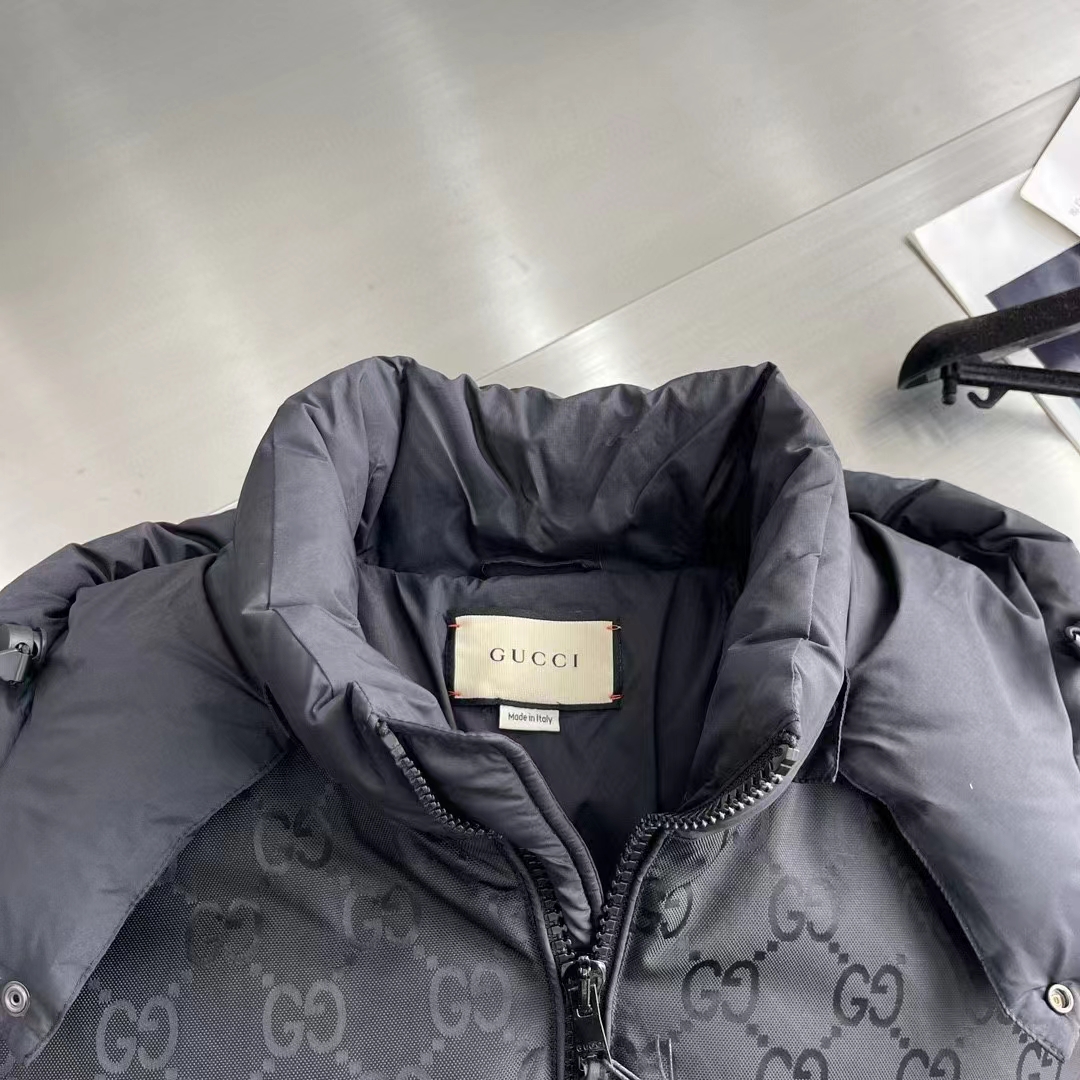 Gucci Women Nylon Down Jacket GG Iserts Black Canvas High Neck Velcro Cuffs Zip Closure