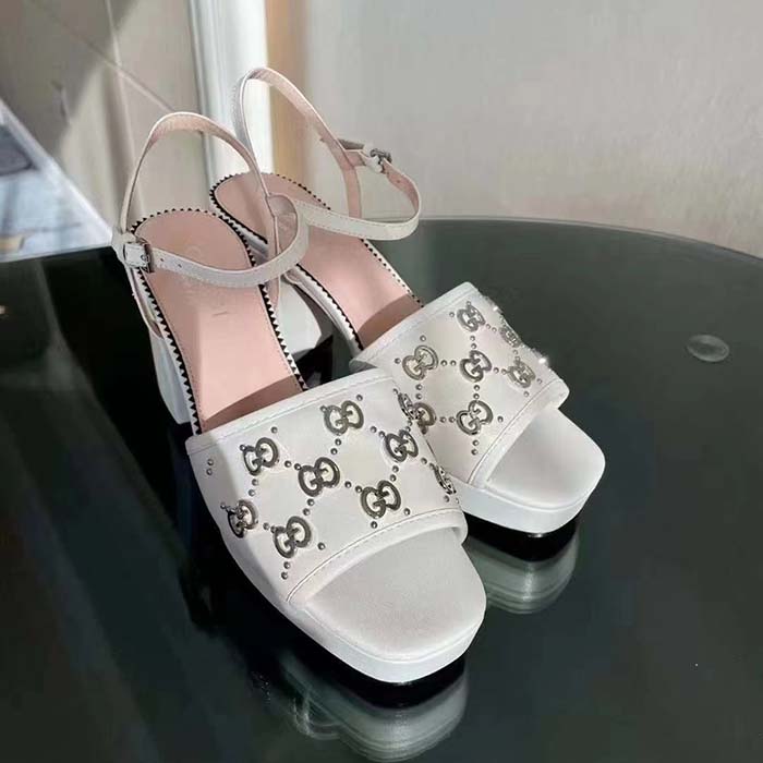 Gucci Women GG Interlocking G Studs Sandal White Leather Mid 8 Cm Heel
