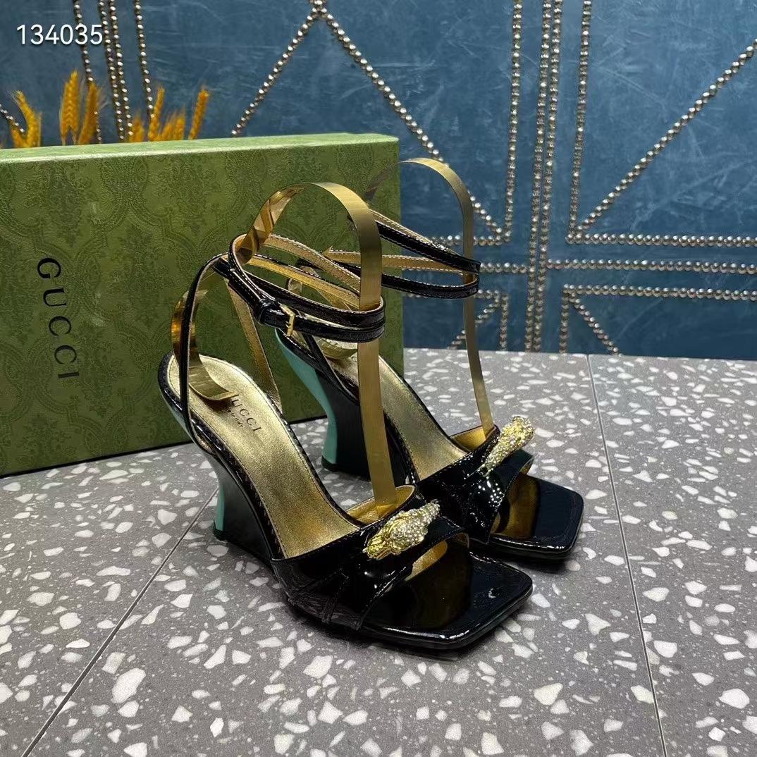 Gucci Women GG High-Heel Sandal Hardware Black Patent Leather Square Toe Geometric-Shaped Heel