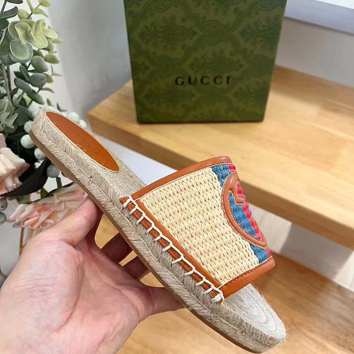 Gucci Unisex GG Interlocking G Espadrille Natural Raffia Leather Round Flat Sandal