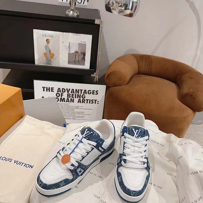 Louis Vuitton Unisex LV Trainer Sneaker Blue Monogram Denim Monogram-Embossed Grained Calf Leather