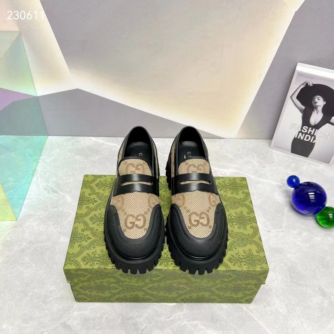 Gucci GG Unisex Maxi GG Loafer Camel Ebony Canvas Rubber EVA Sole Low-Heel