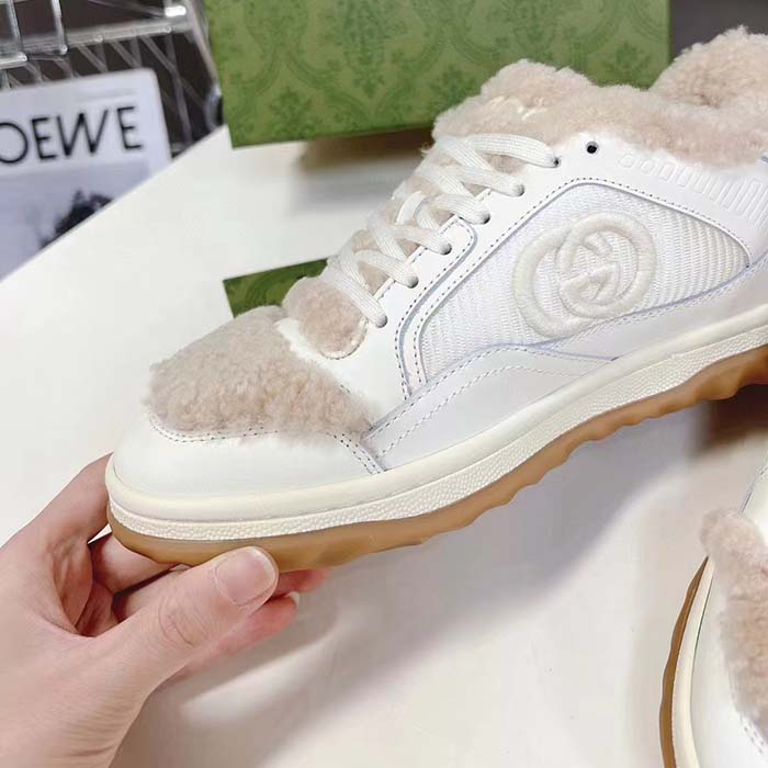 Gucci GG Unisex MAC80 Sneaker Off White Leather Merino Wool Round Toe Rubber Flat
