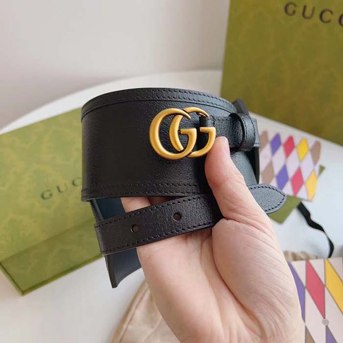 Gucci Unisex GG Marmont Wide Belt Black Leather Double G 6.9 CM Width