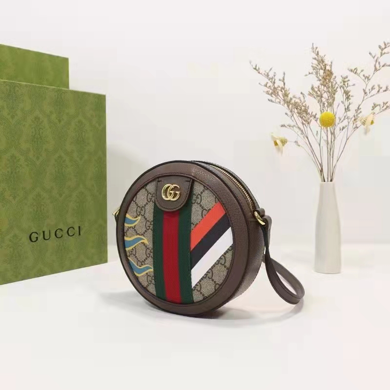 Gucci Unisex Round Shoulder Bag Double G Beige Ebony GG Supreme Canvas