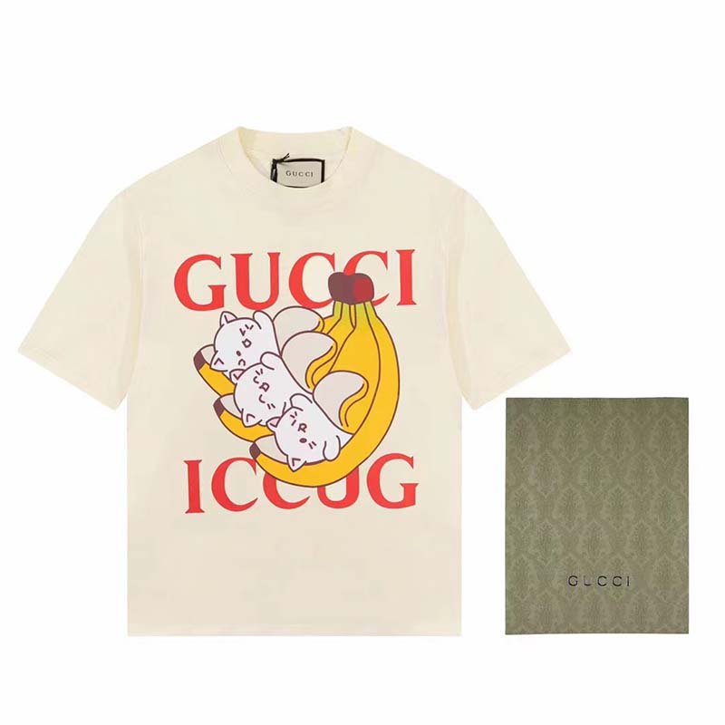 Gucci GG Men Bananya Cat Cotton T-Shirt White Cotton Jersey Crewneck Oversize Fit