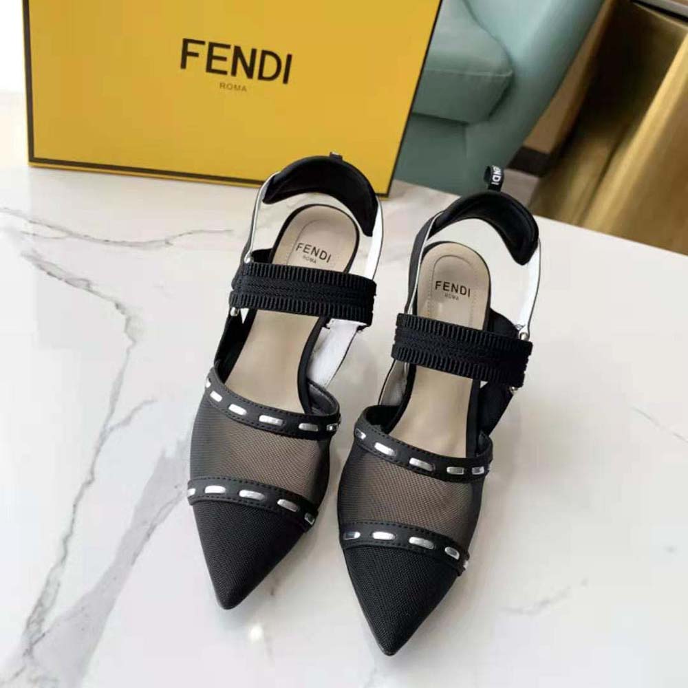 Fendi Women Colibri Black Mesh High-Heel Slingbacks with Metal Stitches