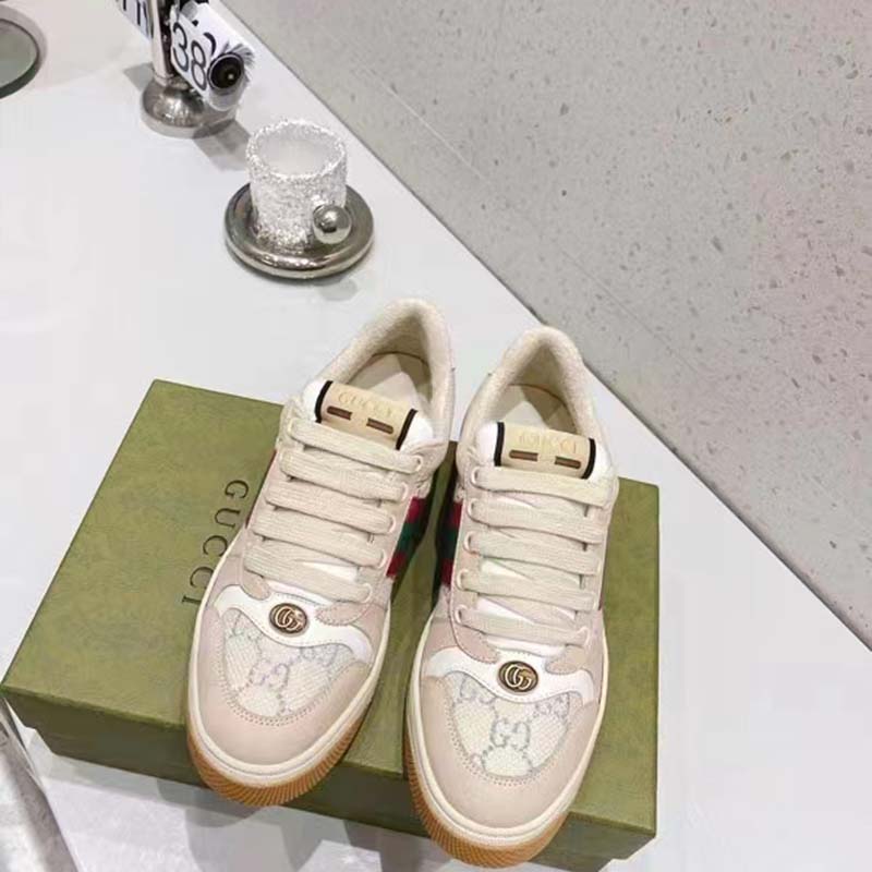 Gucci Unisex Screener Sneaker Pink Green Web Cream Scrap Less Leather