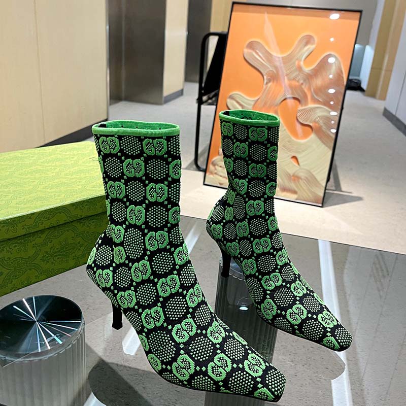 Gucci Women GG Knit Ankle Boots Black Green GG Technical Fabric Leather Mid-Heel