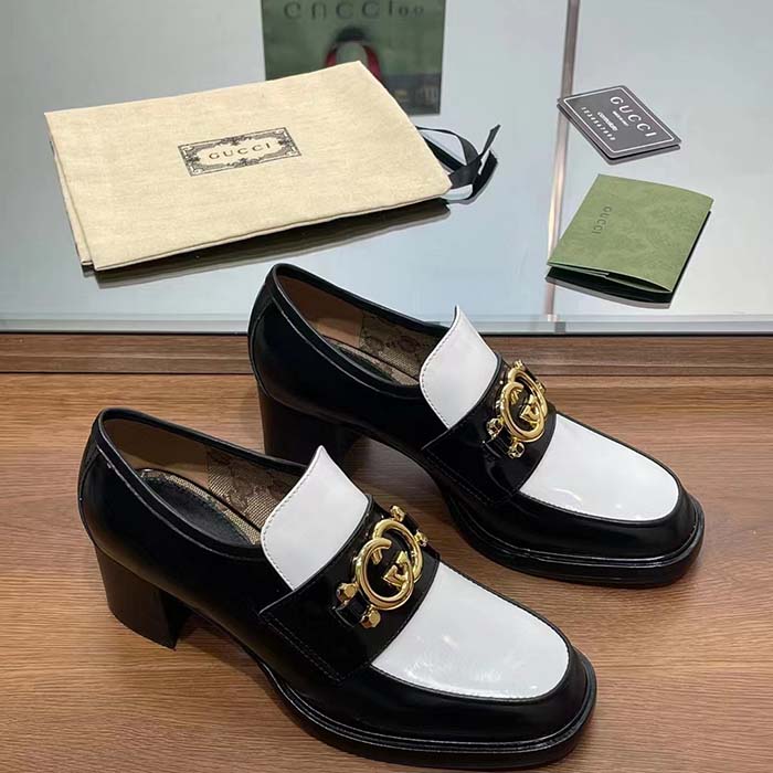Gucci Women GG Loafer Interlocking G Black White Leather Mid 6 Cm Heel