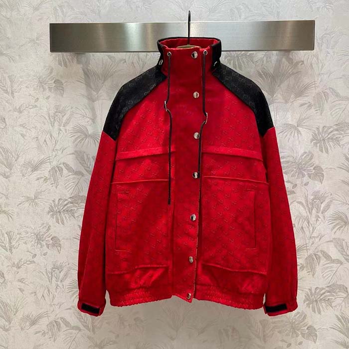 Gucci Women GG Canvas Bomber Jacket High Neck Drawstring Detachable Hood Gilet Dropped Shoulder