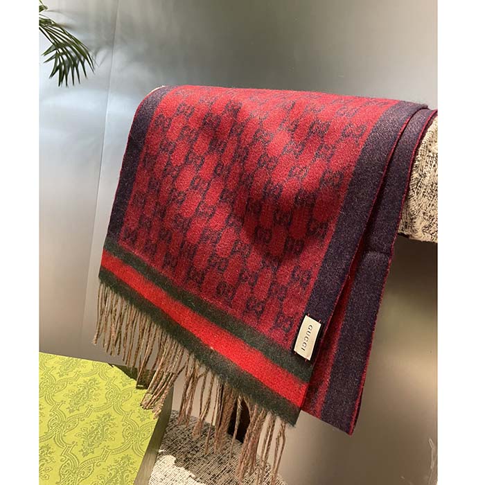 Gucci Unisex GG Jacquard Cotton Stole Red Blue Fringe