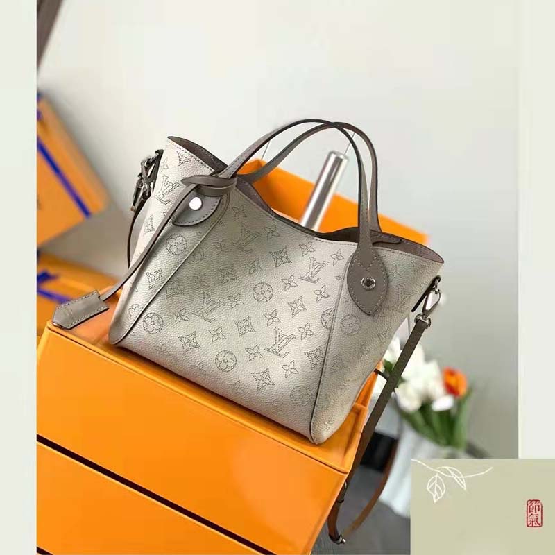 Louis Vuitton LV Women Hina PM Bucket Bag Gray Mahina Perforated Calf