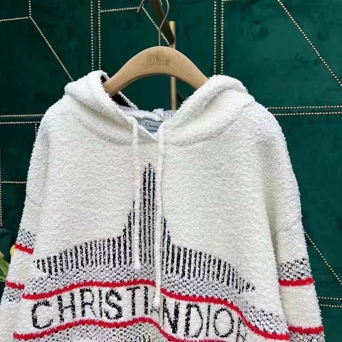 Dior Men CD DiorAlps Hooded Sweater Ecru Technical Wool Textured Knit Star