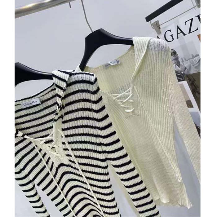 Dior CD Women Dioriviera Straight Dress White Navy Blue Cotton Ribbed Knit Marinière