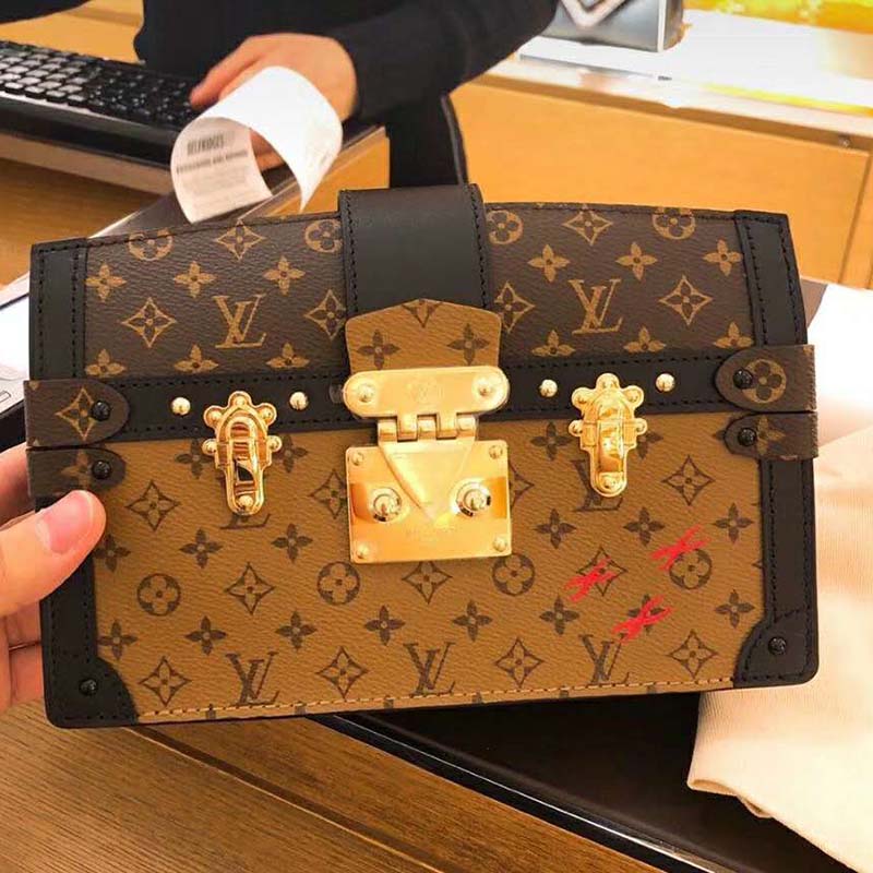 Louis Vuitton LV Women Trunk Clutch Handbag in Monogram and Monogram Reverse Canvas