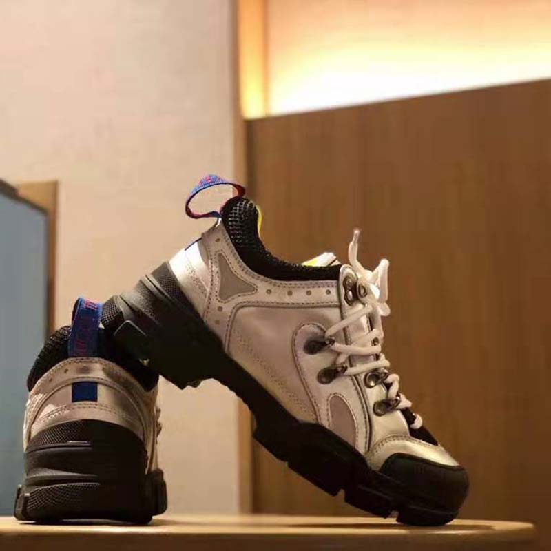 Gucci Unisex Flashtrek Sneaker with Crystals in Silver Metallic Leather 5.6 cm Heel