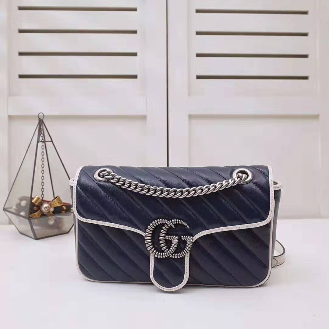 Gucci GG Women GG Marmont Small Shoulder Bag in Blue Diagonal Matelassé Leather