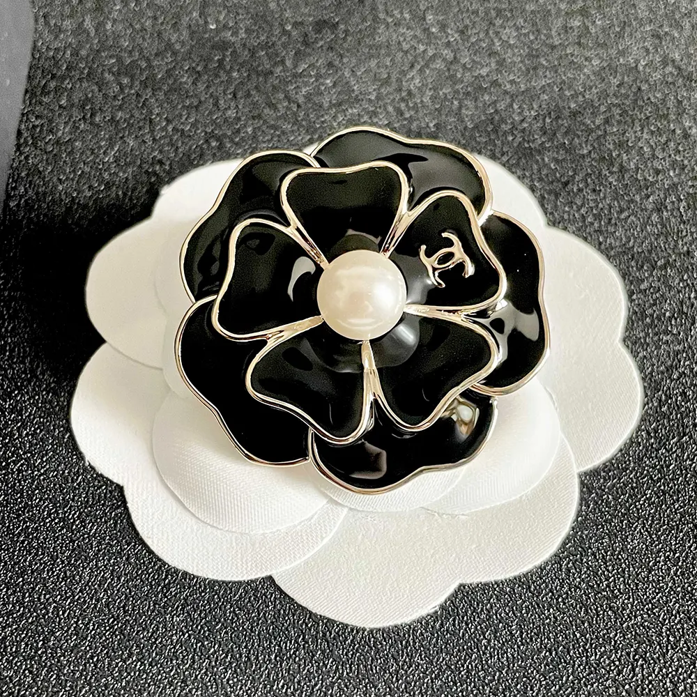Chanel Women Brooch Metal & Resin Gold Black & Pearly White ABG238