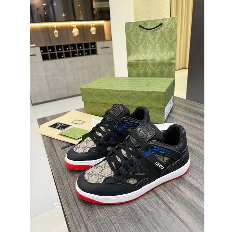 Gucci Unisex GG Basket Sneaker Interlocking G Black Beige Ebony GG Supreme Canvas