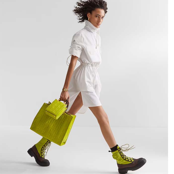 Fendi Women FF Domino Biker Boots Acid Green Nylon Polyamide Polyester 5 Cm Heel