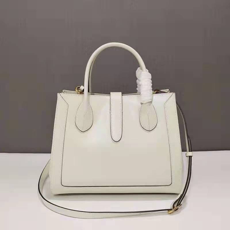 Gucci GG Unisex Jackie 1961 Medium Tote Bag White Leather Gold Toned Hardware