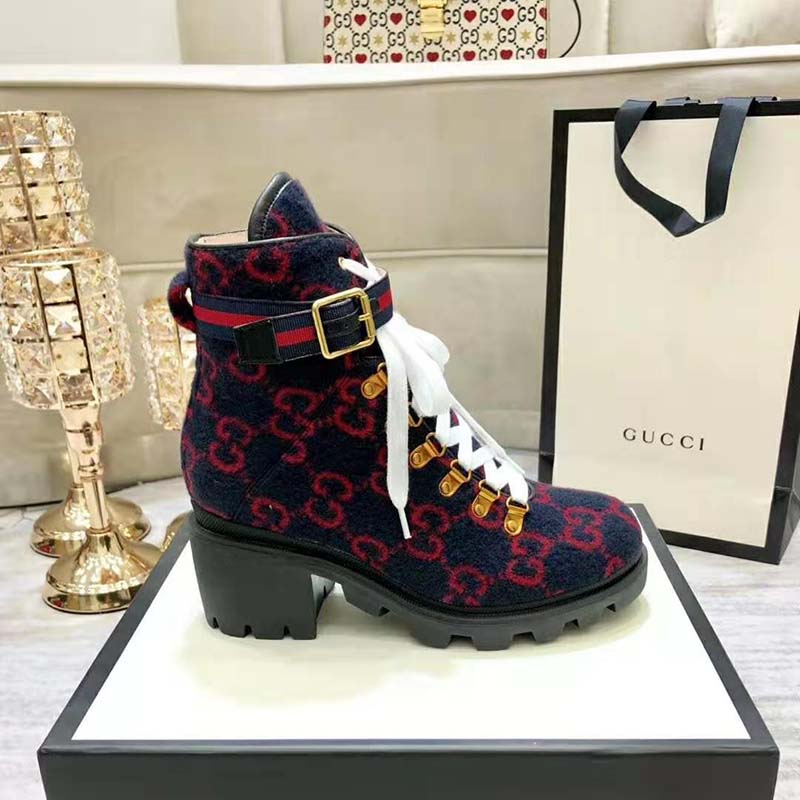 Gucci Women Gucci Zumi GG Wool Ankle Boot in Blue and Red GG Wool