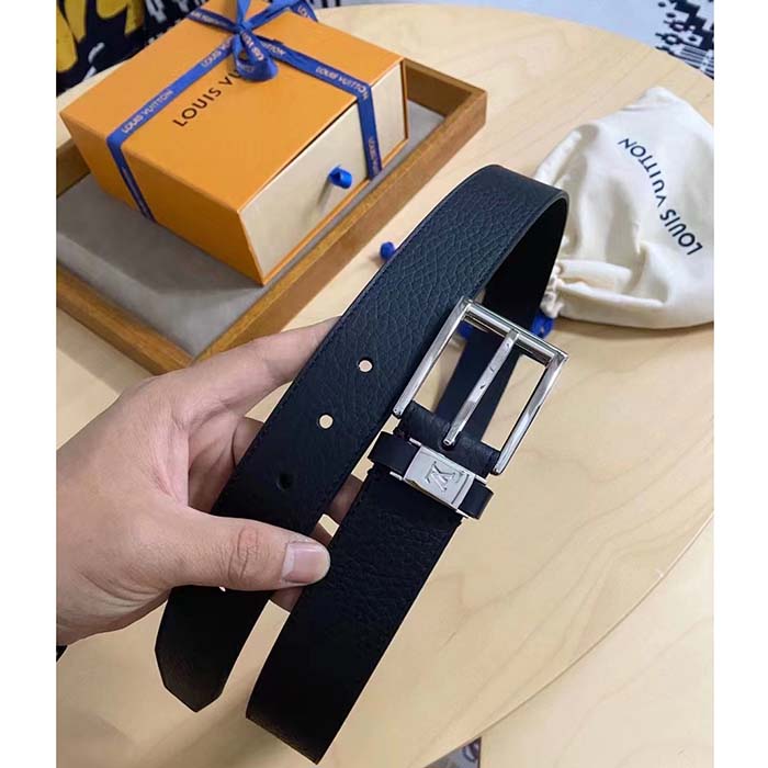 Louis Vuitton Unisex Pont Neuf 35 MM Width Black Taurillon Leather Belt LV Logo