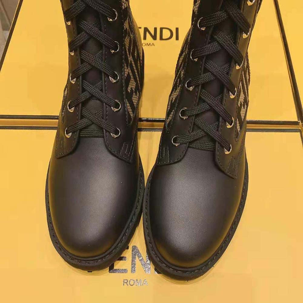 Fendi Women Rockoko Black/Brown Leather Biker Boots with Stretch Fabric
