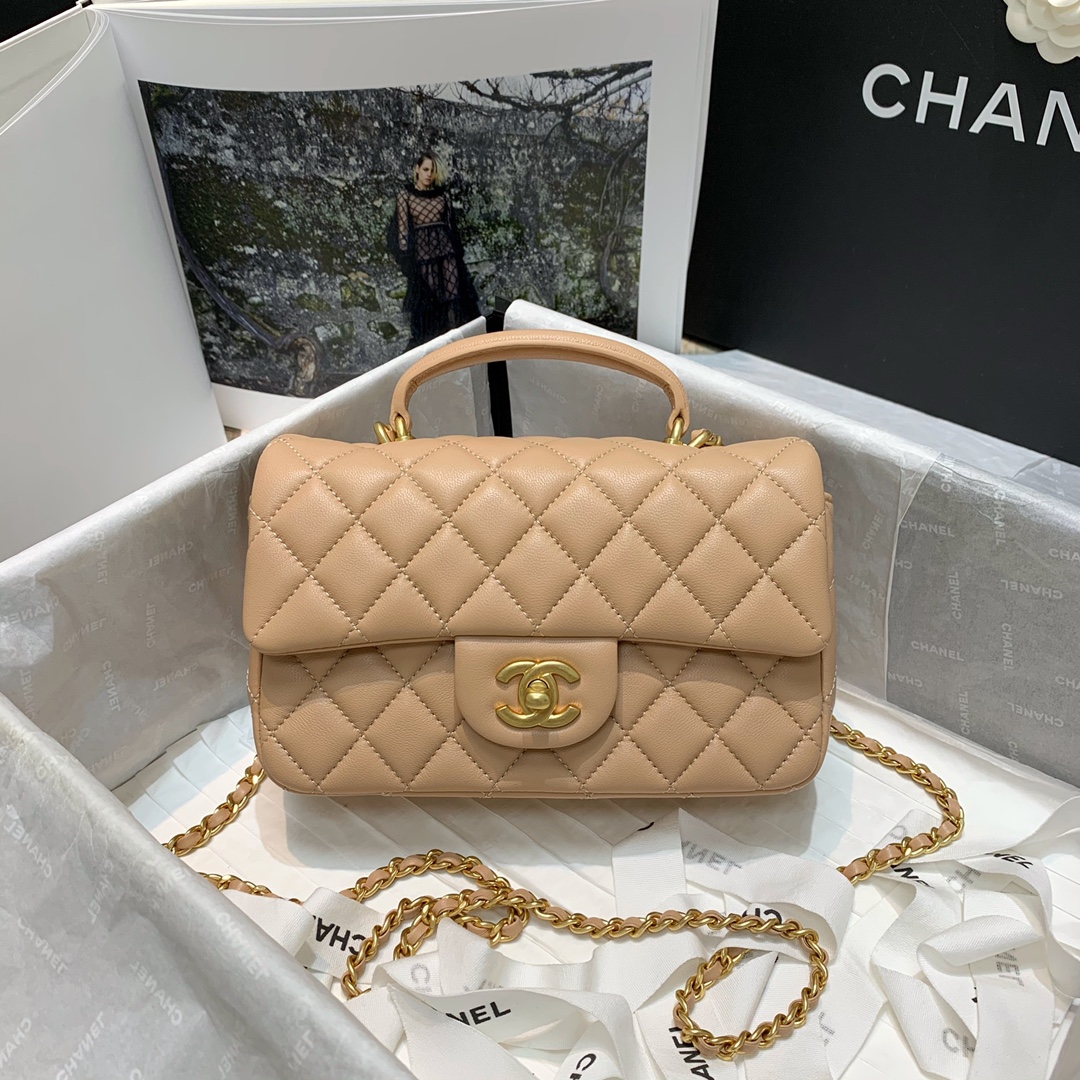 Chanel Women Mini Flap Bag with Top Handle Grained Calfskin Gold-Tone Metal Sandy