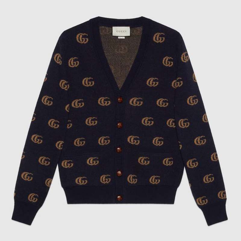 Gucci Women Double G Jacquard Wool Cardigan Front Pockets Blue and Beige