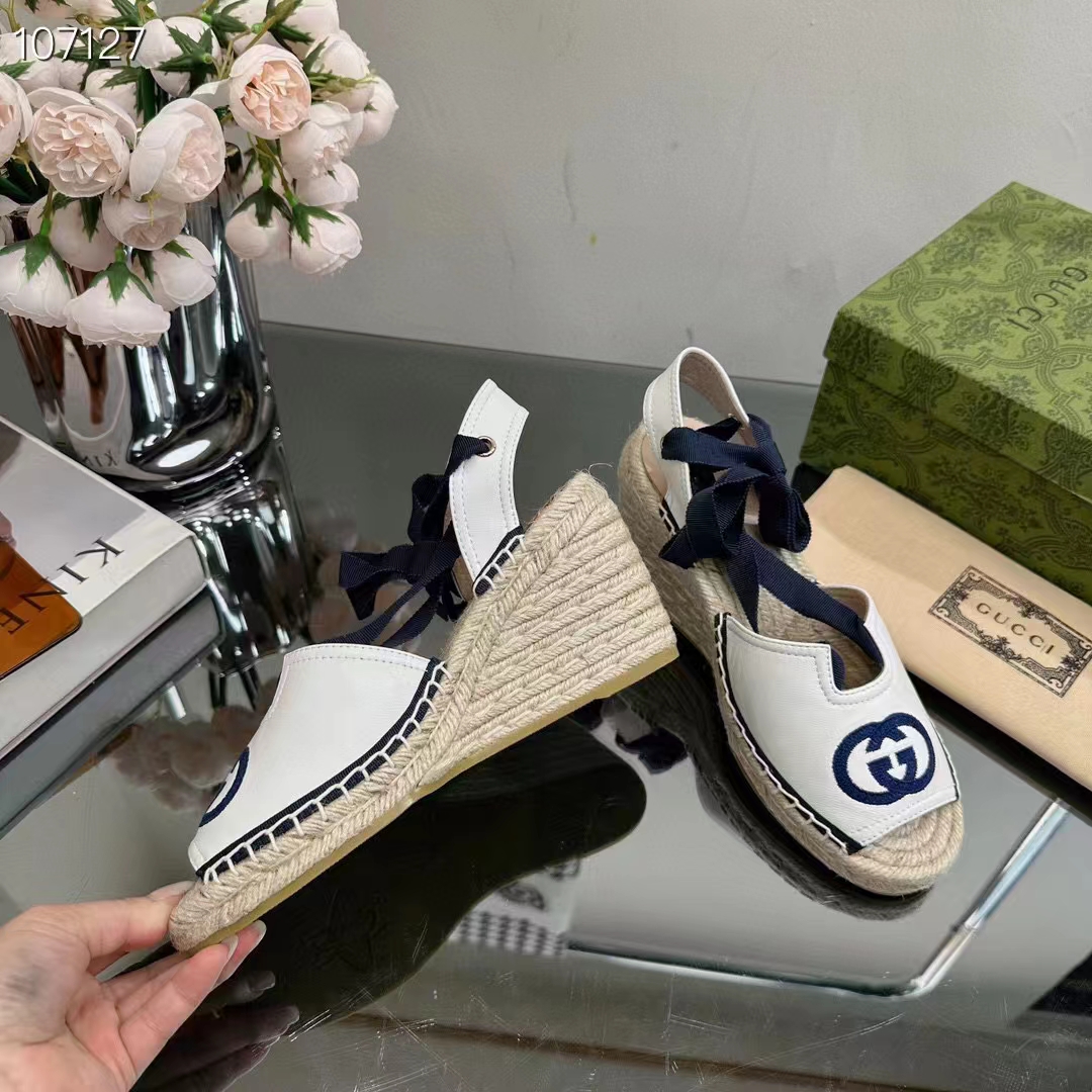 Gucci Women Espadrilles Ribbon Tie White Cotton Canvas Blue Interlocking G Embroidery