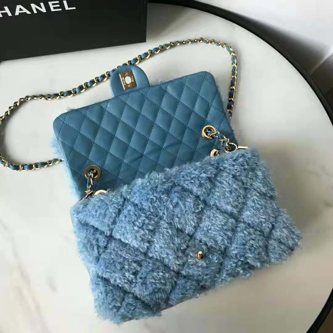 Chanel Women Flap Bag in Shearling Lambskin Leather-Blue