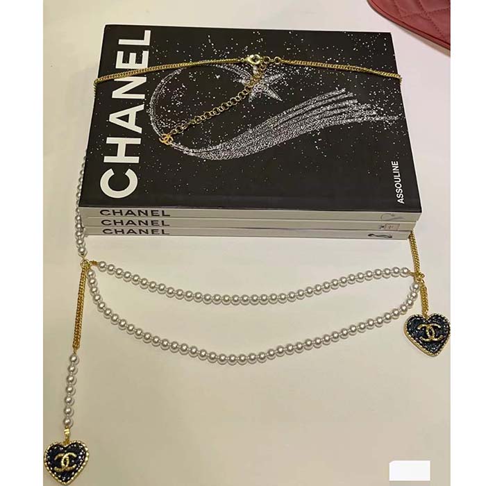 Chanel Women CC Chain Belt Metal Glass Pearls Gold Blue Pearly White