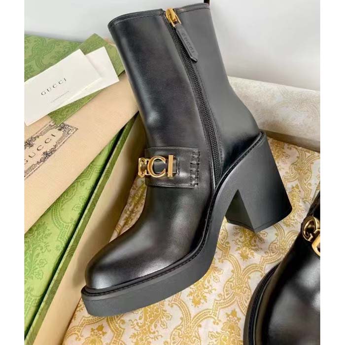 Gucci Women GG Gucci Boot Black Leather Script Rubber Sole Side Zip Closure Mid-Heel