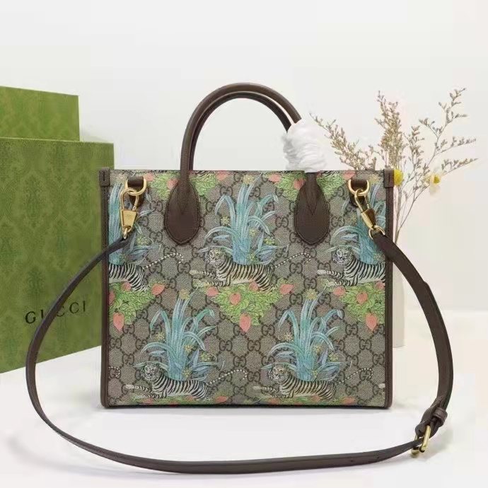 Gucci Unisex Tiger GG Small Tote Bag Blue Beige Ebony GG Supreme Canvas