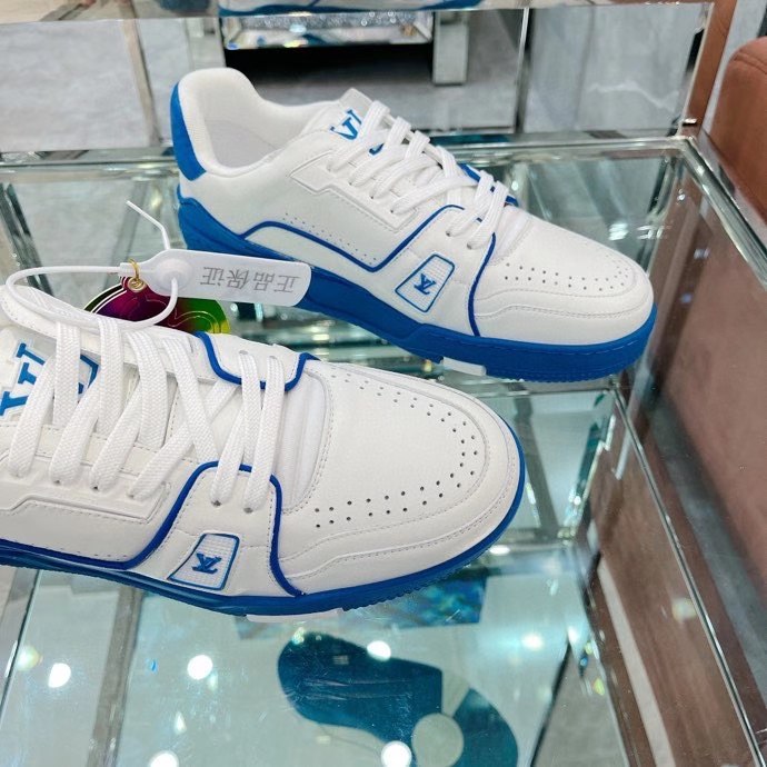 Louis Vuitton Unisex LV Trainer Sneaker Blue Calf Leather Rubber Outsole Monogram Flowers