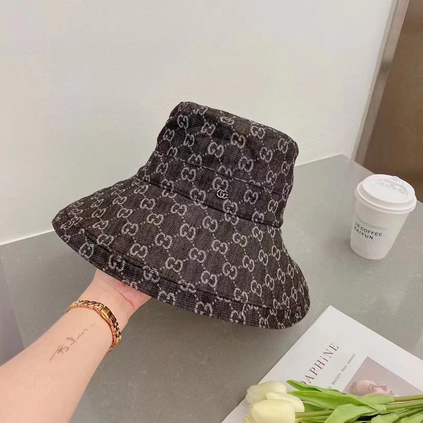 Gucci Unisex GG Canvas Wide Brim Hat Beige Ebony Lined Double G