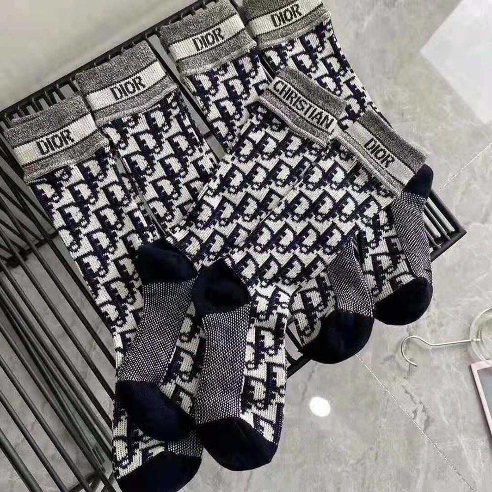 Dior Women Socks Blue and Ecru Dior Oblique Technical Cotton