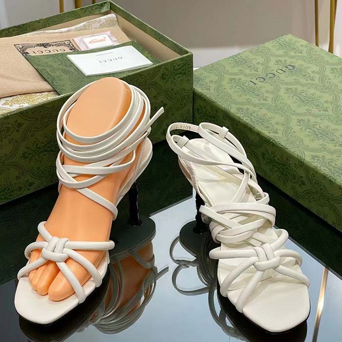 Gucci Women GG Strappy Sandal Bamboo White Leather Bamboo Low Heel