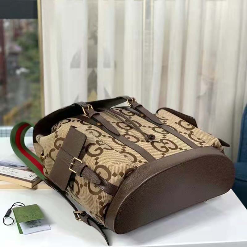 Gucci Unisex Backpack Jumbo GG Camel Ebony Canvas Brown Leather