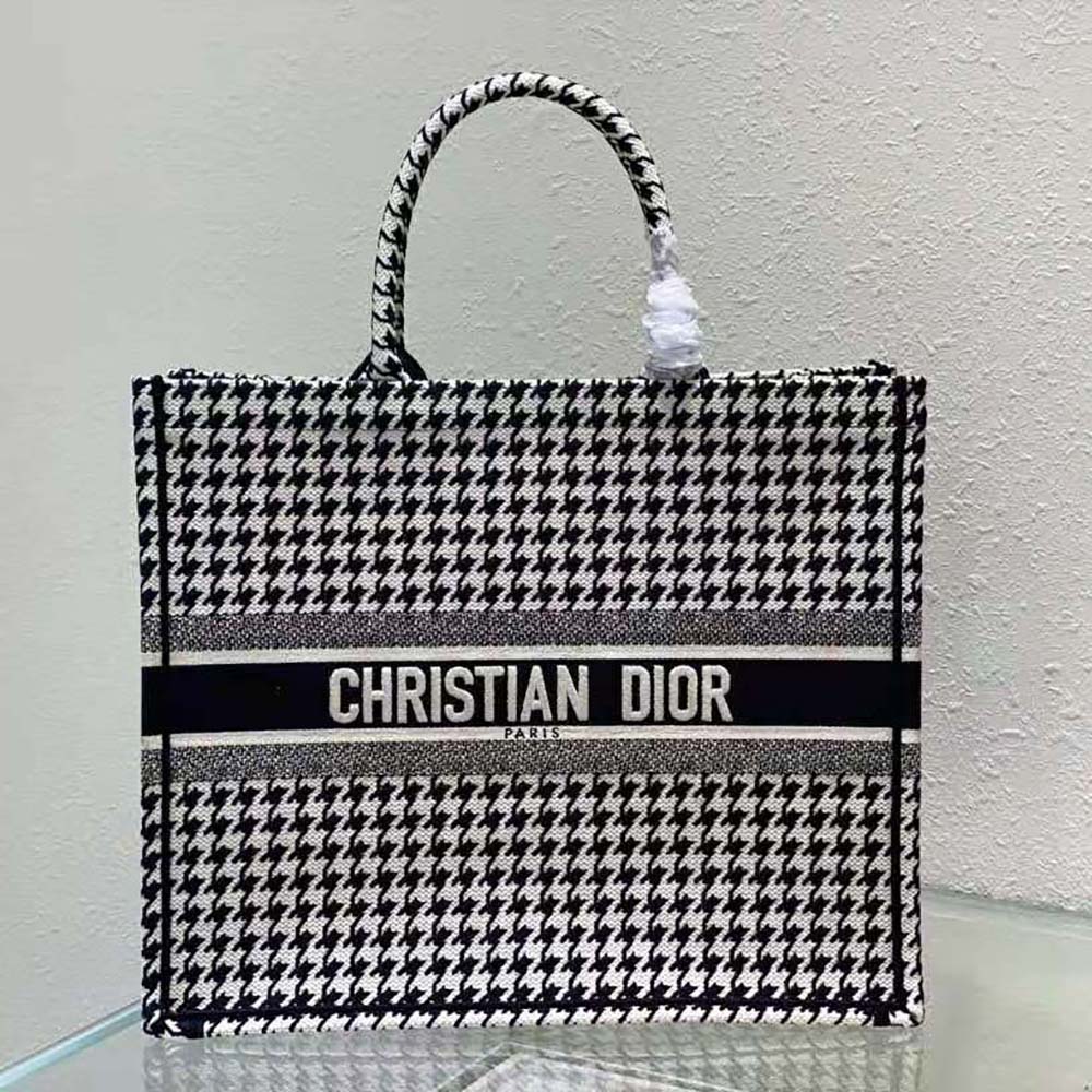 Dior Women Book Tote Black and White Houndstooth Embroidery