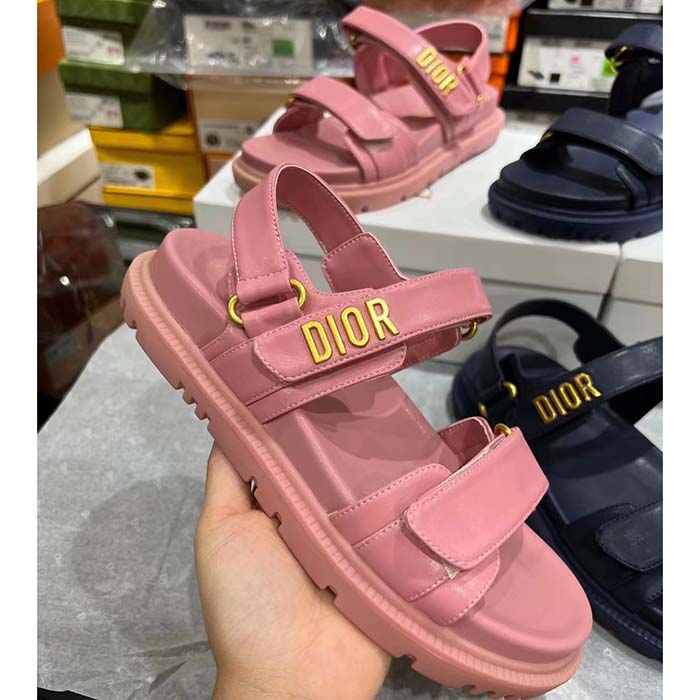 Dior Women CD Shoes DiorAct Sandal Pink Lambskin Gold-Finish Metal Signature