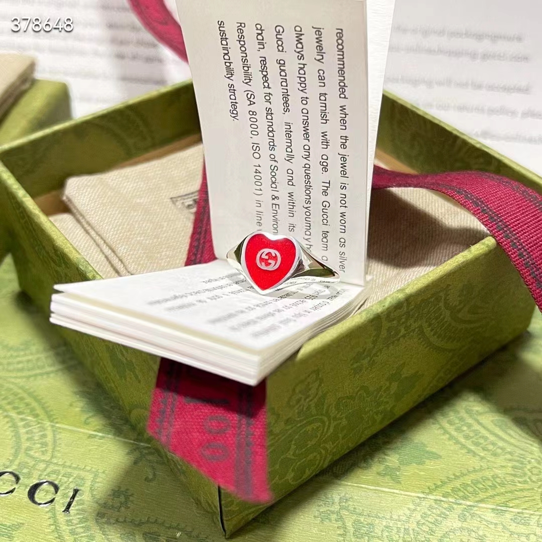 Gucci Unisex GG Heart Ring Interlocking G 925 Sterling Silver Red Enamel