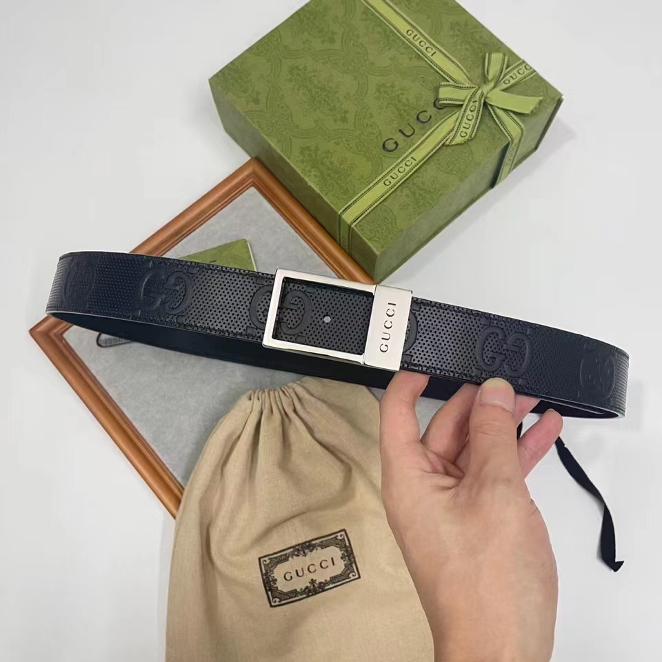 Gucci Unisex GG Belt Rectangular Buckle Black Leather 3.6 CM Width