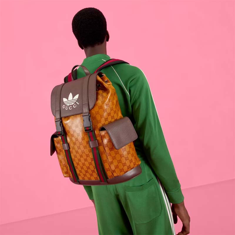 Gucci Unisex GG Adidas x Gucci Backpack Beige Brown GG Crystal Canvas Trefoil Print