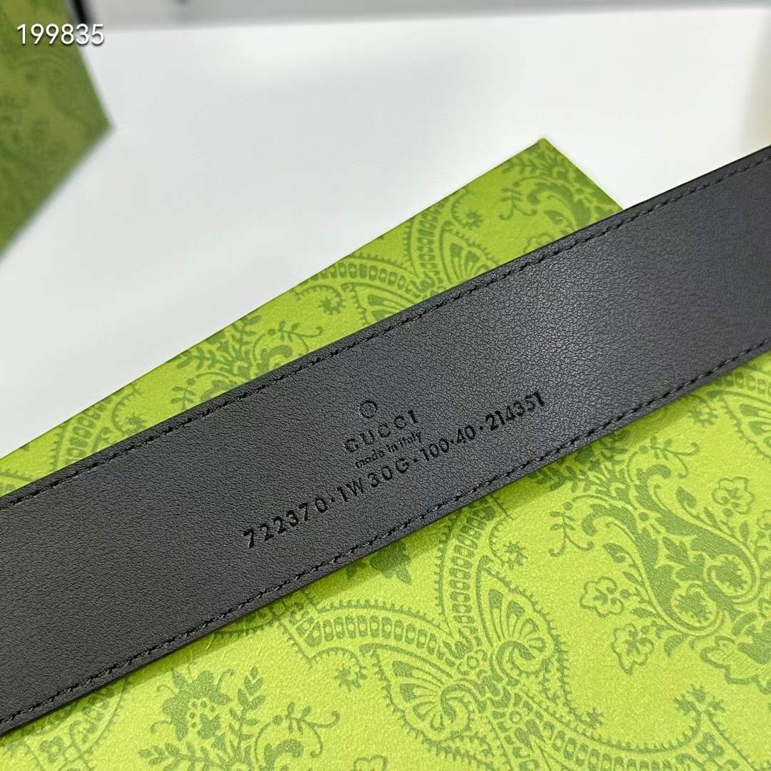 Gucci Unisex GG Belt Rectangular Buckle Black Leather 3.6 CM Width