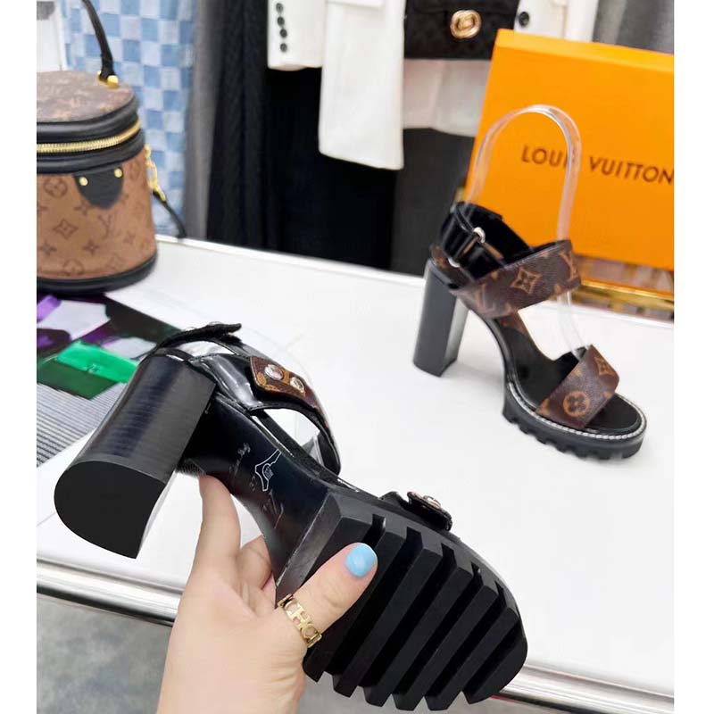 Louis Vuitton LV Women Star Trail Sandal Black Calf Leather Patent Monogram Canvas 9.5 cm Heel