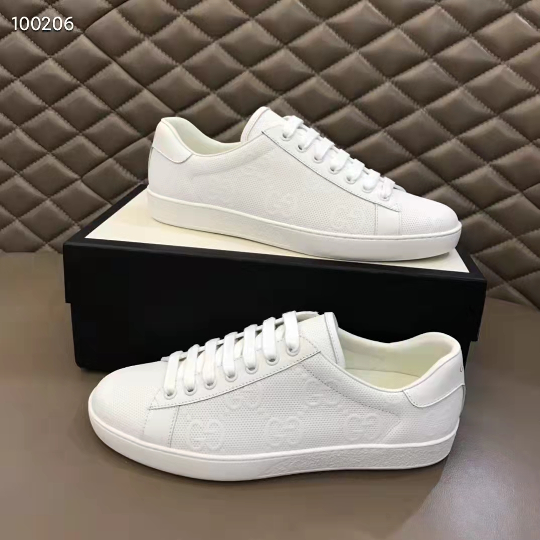 Gucci Unisex Ace GG Embossed Sneaker White GG Embossed Leather Rubber Sole