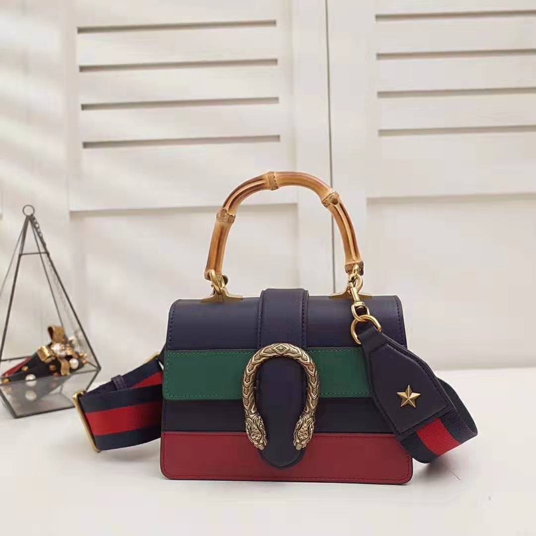 Gucci GG Women Dionysus Medium Top Handle Bag in Blue Gucci Green and Hibiscus Red Leather